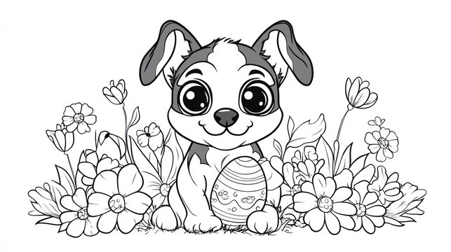 Cute dog with easter egg among flowers