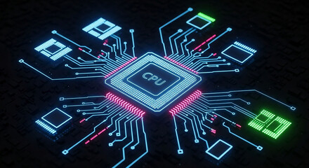Photo of cpu chip with illuminated circuit pathways and components