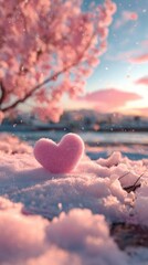 Fototapeta premium A heart-shaped pink object sits atop a bed of soft snow, surrounded by a blossoming pink tree during a soft winter sunset.