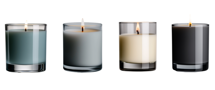 set of burning candles with fire, candle made of different materials like wood, glass, ceramic, wax, concrete. cosy home decoration in grey, pink 