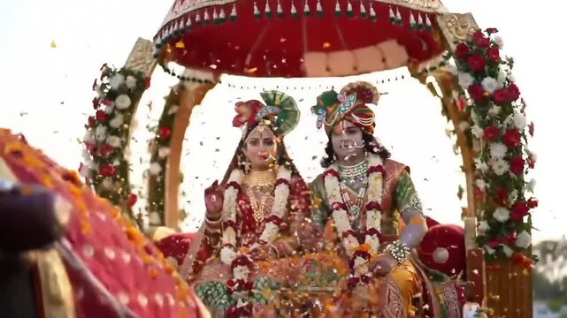 Indian wedding couple in palanquin.