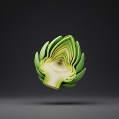 Obraz premium A 3D render of an artichoke cut in half, showing its inner layers and heart. Stylized fresh green vegetable floating on a dark background.