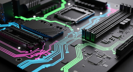 Photo of closeup of a futuristic computer motherboard with glowing circuits