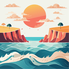 Minimalist vector illustration of a vibrant seascape with a large setting sun between two dramatic cliffs and rolling ocean waves