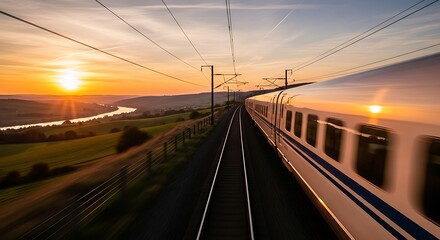 Modern high-speed train traveling through a scenic landscape at sunset