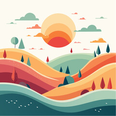 A vibrant and serene abstract landscape featuring colorful rolling hills, stylized trees, and a large setting sun in a modern minimalist illustration