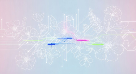Photo of delicate floral outlines merge with digital circuit pathways on a soft gradient background