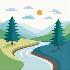 Serene River Flowing Through Lush Green Hills Under a Bright Sunny Sky