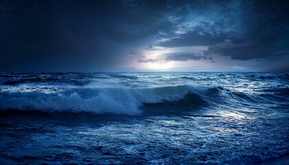 Obraz premium Dark Ocean Storm With Lgihting And Waves At Night