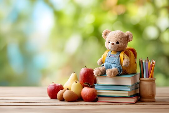 Cute young child reading a book while sitting on stacked books with globe and lantern on bright yellow background
