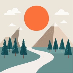 Flat design vector illustration of a scenic mountain landscape with a winding path through a pine forest under a large orange sun