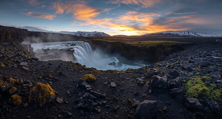 Basalt canyon waterfall at sunset with mossy rocks and snowfields, background for travel, adventure, wedding