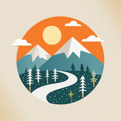 Flat design vector graphic of a mountain adventure scene with a path leading through a forest towards snowy peaks