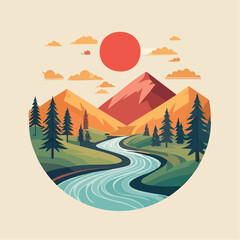 Serene illustrated landscape featuring a winding river flowing through vibrant mountains and lush pine forests under a large, glowing sun, evoking a sense of tranquility and natural beauty