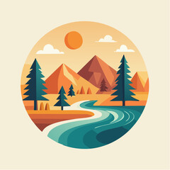 Vibrant Geometric Landscape with Winding River and Mountains at Sunset
