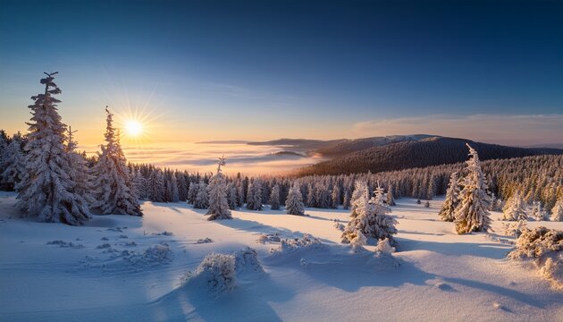 Winter Landscape Of Sumava Beautiful Landscape Picture Nature Of Sumava Czech Republic Winter Motif Snowy Region Sunrise Over The Mountains