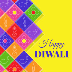 Vibrant Diwali festival pattern with geometric tiles - decorative lantern designs, flame symbols, flowers in squares. Traditional Indian celebration mosaic motifs for modern holiday invitation,
