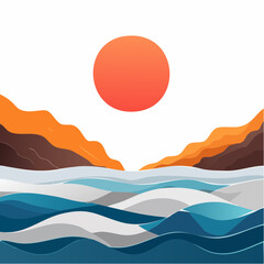 Abstract Seascape with Sun and Hills Illustration