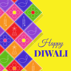 Vibrant Diwali festival pattern with geometric tiles - decorative lantern designs, flame symbols, flowers in squares. Traditional Indian celebration mosaic motifs for modern holiday invitation,