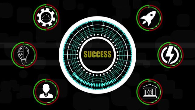 Central circular interface with the word SUCES surrounded by six icons representing business concepts on a dark background