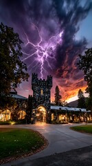 lightning bolt strikes above a gothic stone castle during a fiery sunset