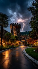 stormy sky with lightning illuminates a stone castle entrance at dusk