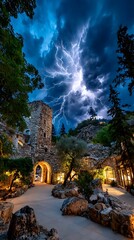 lightning storm illuminates the ruins of an ancient stone fortress at night