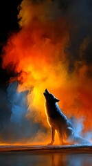 lone wolf howls toward the sky, surrounded by swirling fire and smoke