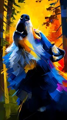 brightly colored wolf howls in a forest beneath a golden fiery sky.