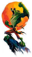 fierce green werewolf roars in triumph before a fiery red-orange sun