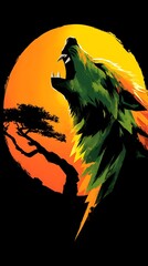 stylized green wolf howls against a blazing orange sunset with a lone tree silhouette.