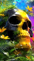 giant yellow-and-black skull lies among lush greenery and flowers, blending decay with nature’s beauty