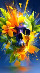 An explosive burst of color forms a skull decorated with tropical leaves and bright orange flowers.