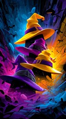 Stacked colorful witch hats stand against a swirling Halloween background of bats, webs, and glowing lights