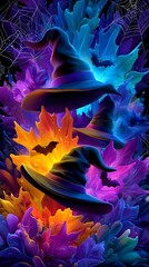 Three witch hats float among glowing leaves, bats, and spiderwebs in a magical Halloween atmosphere.