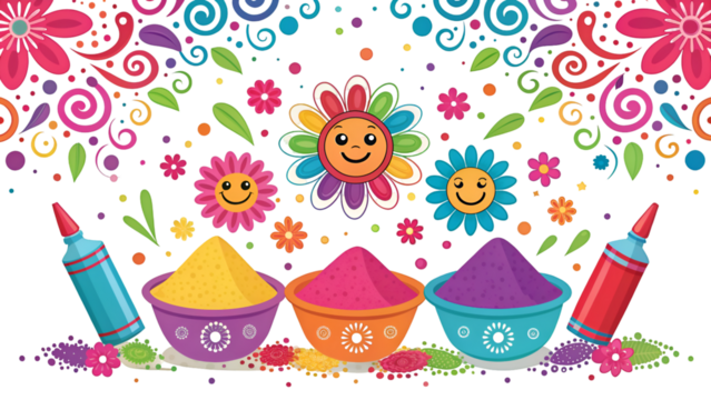 Joyful Holi festival celebration with vibrant colors, flowers, and playful designs for cultural events, festive backgrounds, and cheerful greeting cards