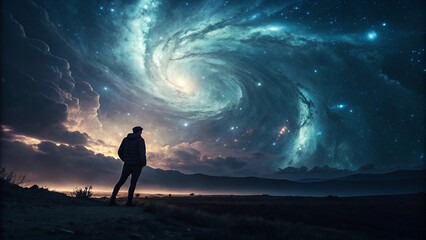Silhouette gazes at the breathtaking swirling galaxy during the twilight hour.
