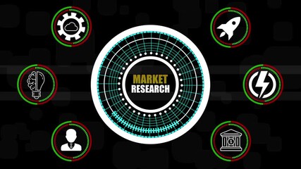 Market Research concept with central digital interface and surrounding business icons marketing analysis - Powered by Adobe