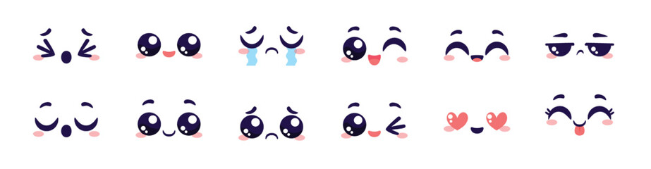 Various facial expressions with pink cheeks, Set Hand drawn flat design kawaii face collection