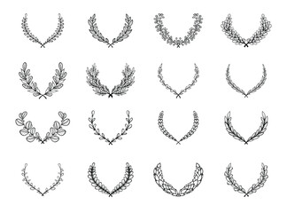 Hand drawn botanical floral elements in line art and silhouette style. Flowers, branches and leaves. Vector set for label, logo, corporate identity, wedding invitation, wreath, frame, border. vector i