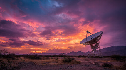 Dramatic sunset over desert landscape with large satellite dish