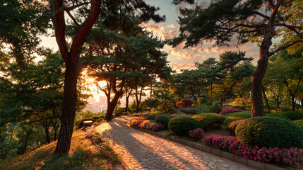 Obraz premium Sunset stroll through a lush park path with city view and vibrant flowers
