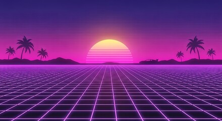 Retro sunset over a digital grid landscape with palm trees and vibrant neon colors