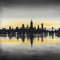 Obraz premium City skyline silhouette at sunset with glowing building lights reflected in water. Urban landscape watercolor painting for travel or night life concept.