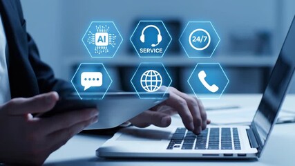 Business professional using laptop and tablet with glowing digital icons representing ai customer service and global communication technology - Powered by Adobe