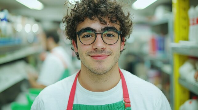 Serving smiles young worker in grocery store aisle customer service bright and inviting atmosphere