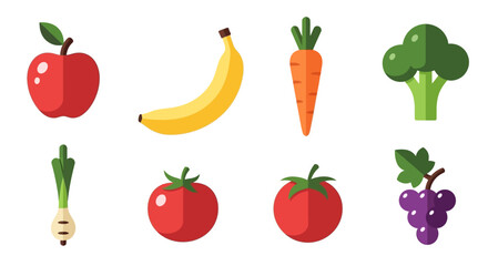 A colorful collection of eight stylized fruit and vegetable icons, including an apple, banana, carrot, broccoli, tomatoes, and grapes in a flat design.