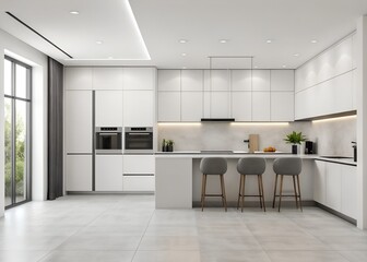 Modern White Kitchen with Island and Grey Stools
