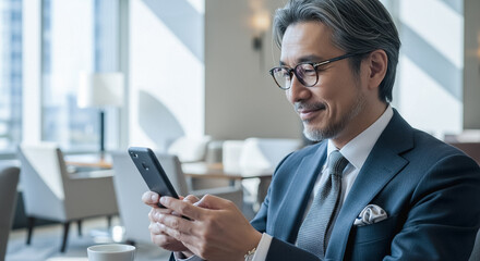 ホテルのラウンジでスマートフォンを操作するダンディなビジネスマン