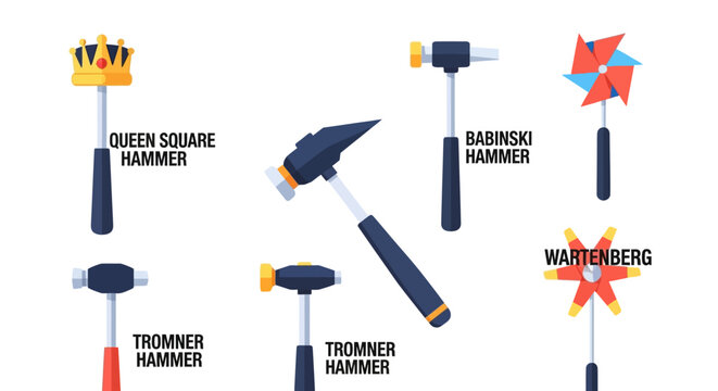 Assorted Vector Illustrations of Various Hammer Types and Pinwheel Designs.